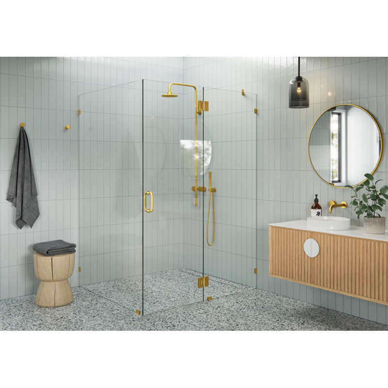 Halo 54 in. x 47 in. x 78 in. 90-degree Fully Frameless Glass Hinged Shower Enclosure, Satin Brass