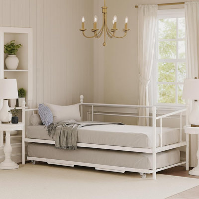 Daybed with Trundle, Sturdy Metal Twin Size Day Bed with Stylish Headboard, Height Adjustable Trundle Bed Twin, Heavy Duty Steel Slats Platform for Li