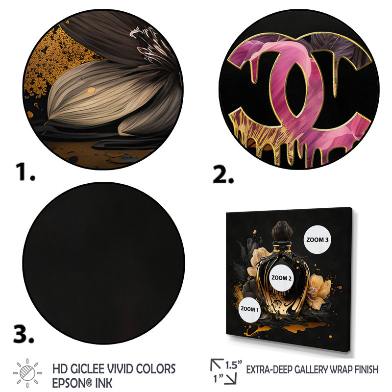 «Chic Black and Gold Perfume Bottle II», art sur toile tendance, 44" H x 44" W, Toile tendue