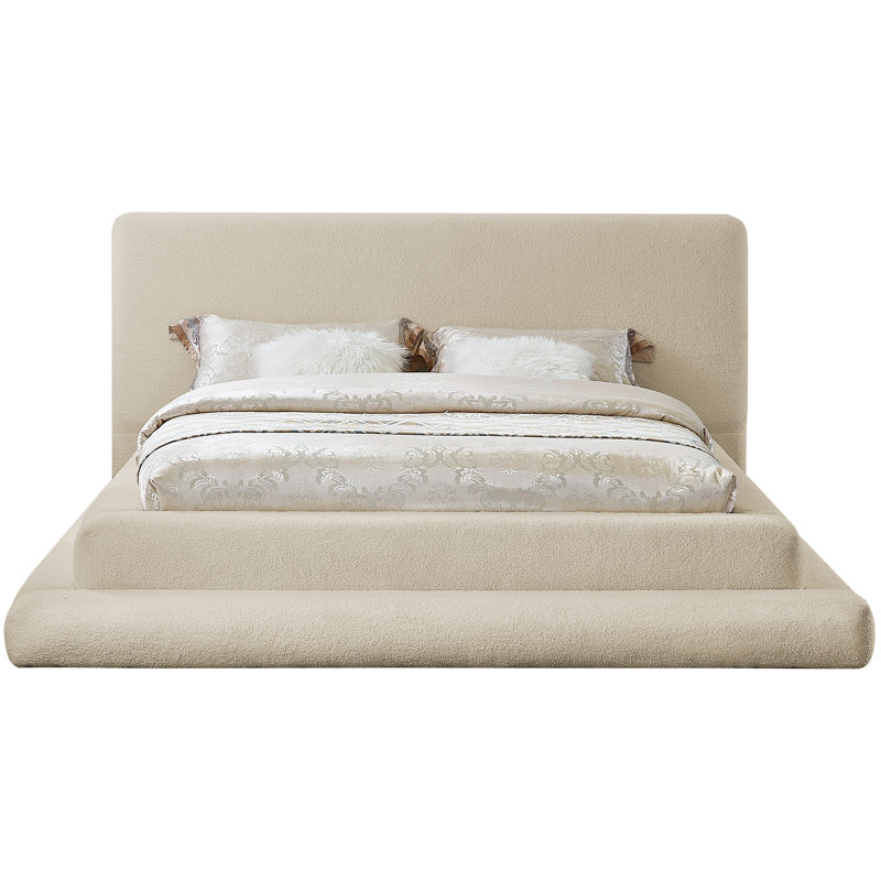 Lit tapissier Hoffarth, Tissu Teddy imitation peau de mouton beige, Double