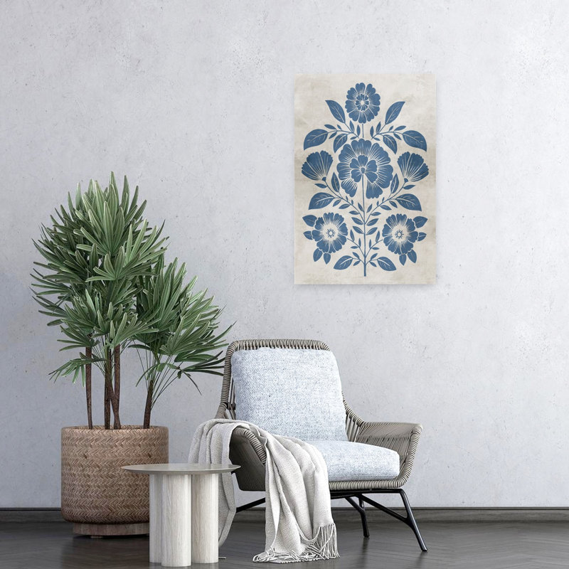 «Blue Floral Harmony», art mural contemporain abstrait, H 24 po x l 16 po, Bleu / blanc