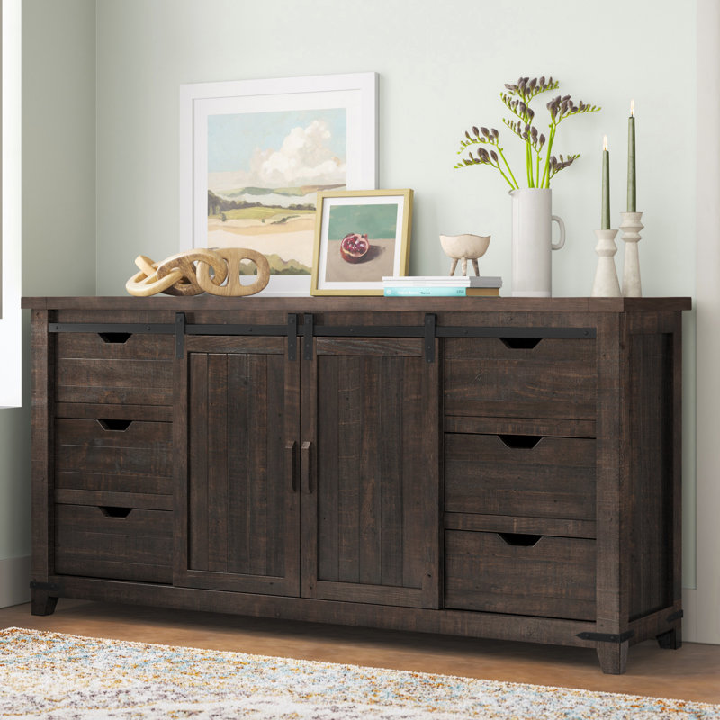 Buffet en bois de pin 6 tiroirs Karley, Brun bois de grange