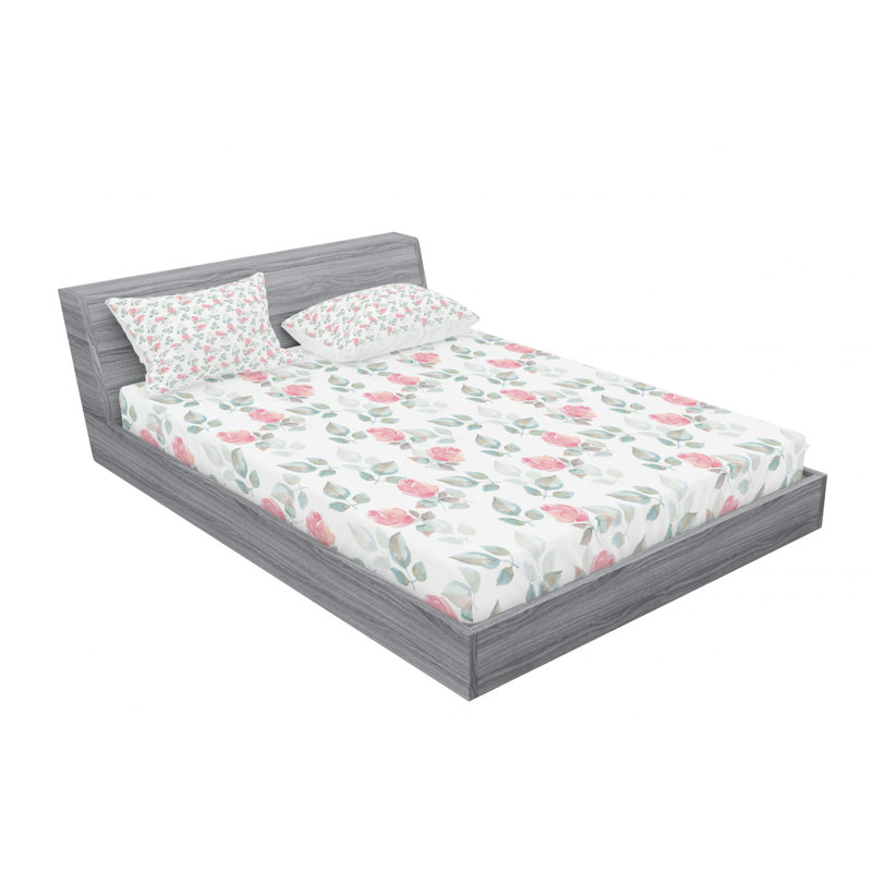 Ambesonne Fitted Sheet & Sham Set, Queen Sheet Set with 2 Pillowcases, White/Pink/Gray Floral 1