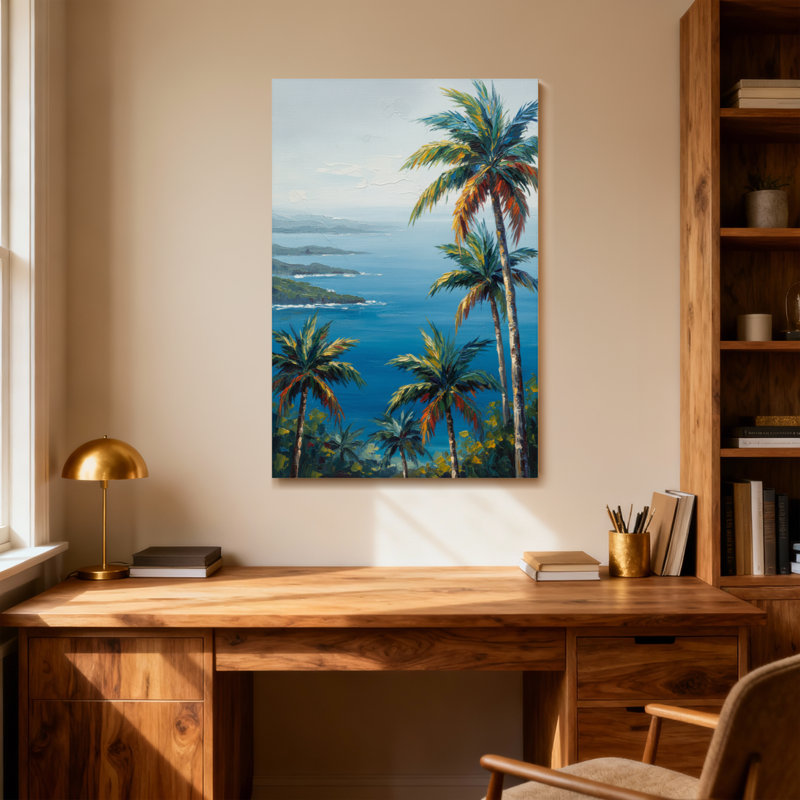 Plantes et fleurs, palmiers tropicaux, vue sur l'océan, impression sur paysage, H 36 po x l 24 po