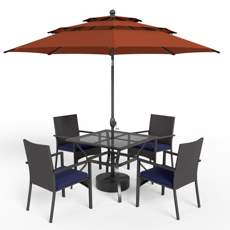 6 Pcs Patio Dining Set 4 Rattan Armchairs And Square Table With Umbrella, Orange