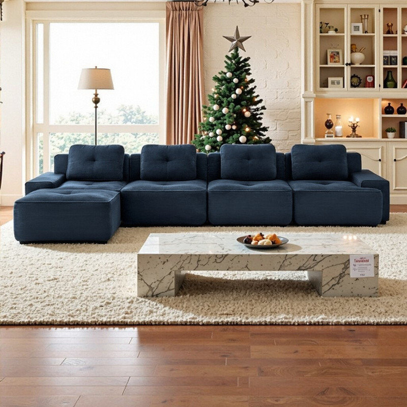 Mobilier de salon modulaire en forme de L de 153 po avec repose-pieds 4 places, Bleu