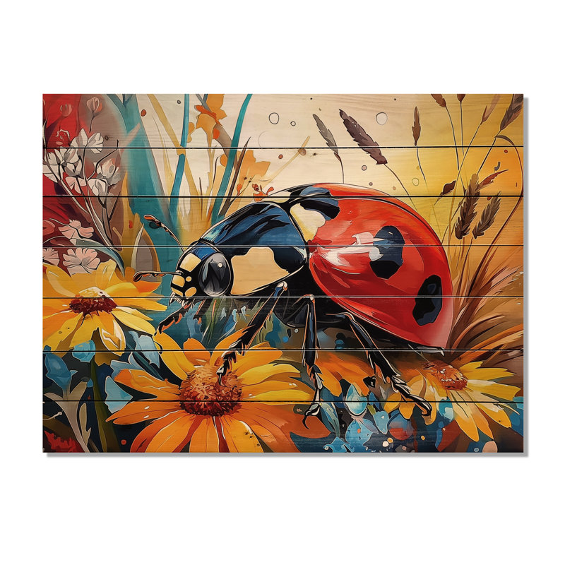 Aquarelle coccinelles Dreamy Garden I - coccinelle, impression sur bois rouge sur bois de pin naturel, H 24 po x l 32 po