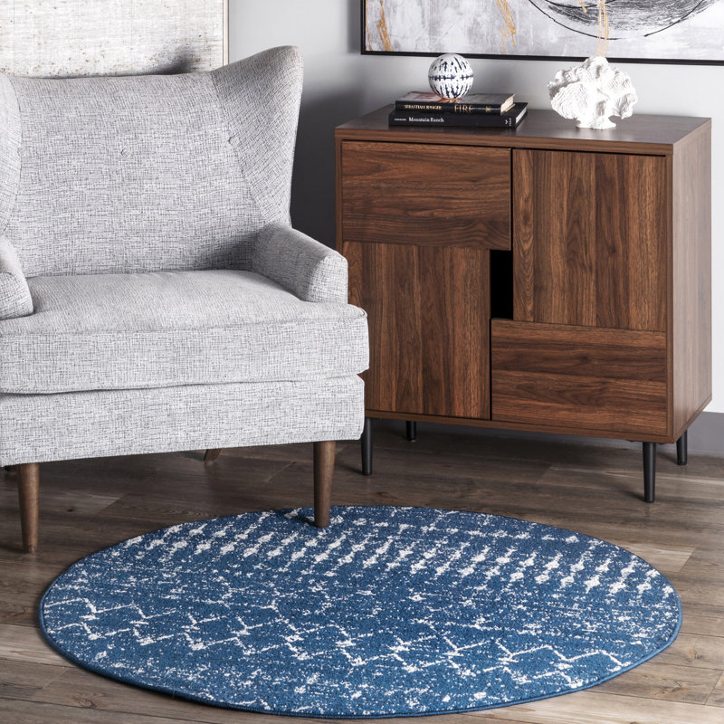Maslah Geometric Moroccan Power Loom Performance Blue Rug, Round 4'