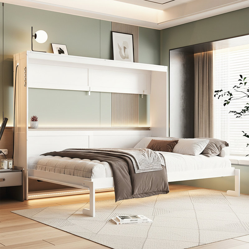 Lit escamotable moderne pliant sur le côté avec motif imprimé tendance, éclairage DEL sous le lit et prise USB intégrée pour économiser de l'espace