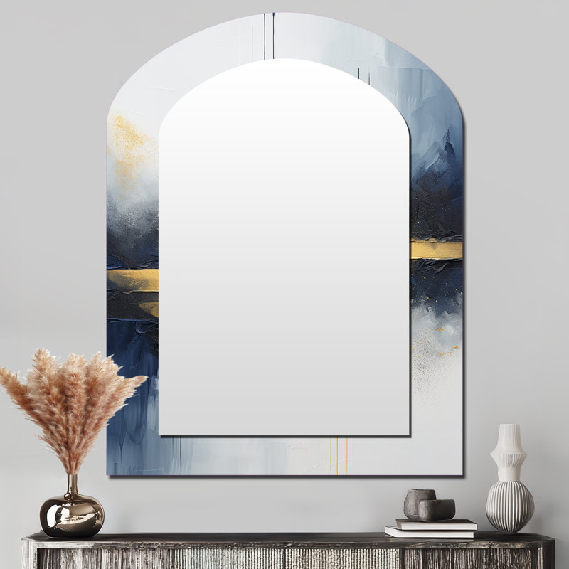 Blue and yellow marble storm IV - Abstract Painting Arch Unique Wall Mirror Decor, Blue Asymmetrical Large Mirror, Printed Metal Art