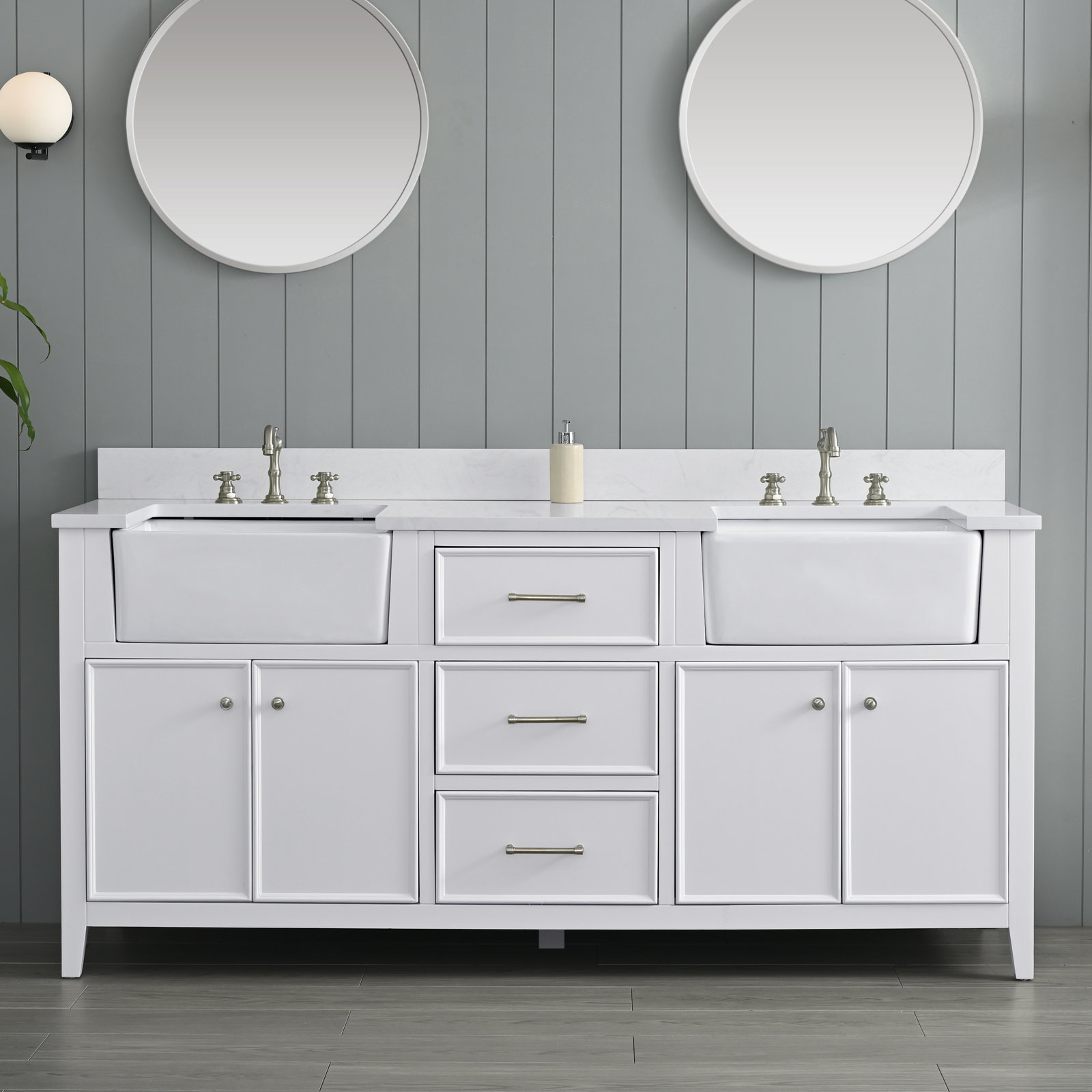 Aisa 72" Pine Double Bathroom Vanity, White/Brushed Nickel