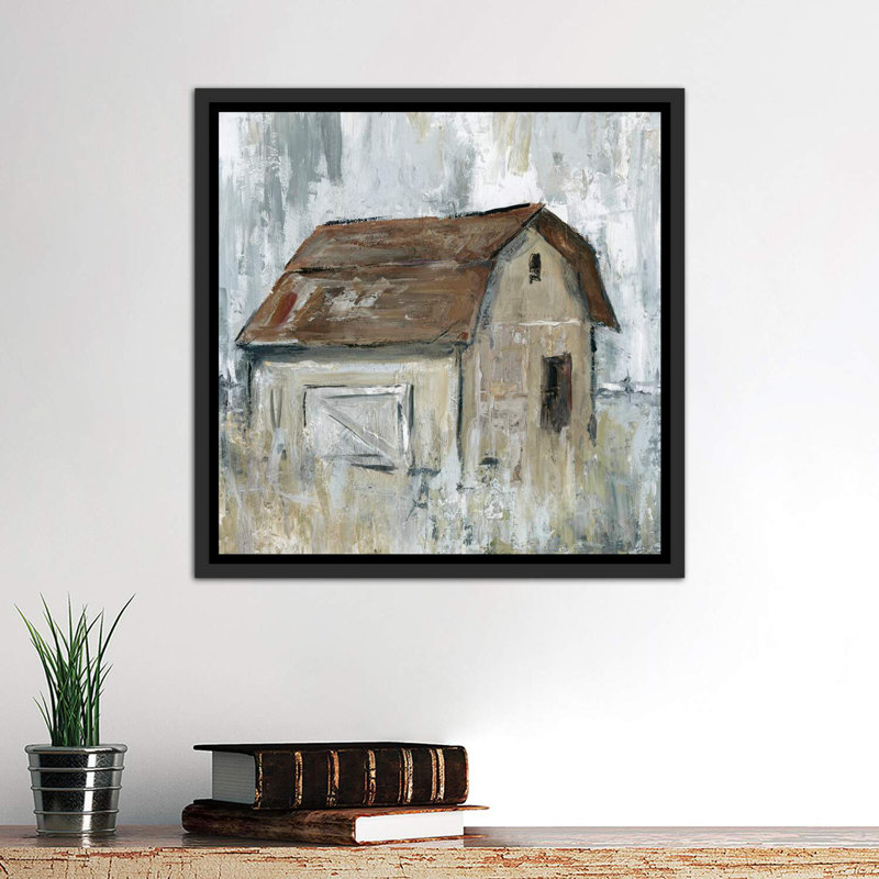 «Barn at Dusk» par Carol Robinson, reproduction, Toile avec cadre noir patiné, H 26 po x l 26 po x P 1,5 po
