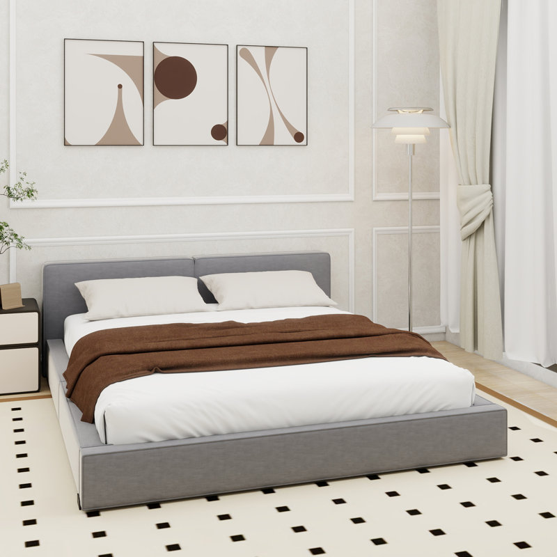 Grand lit plateforme tapissier avec tissu en velours, lit au sol avec cadre uni, beige, Gris