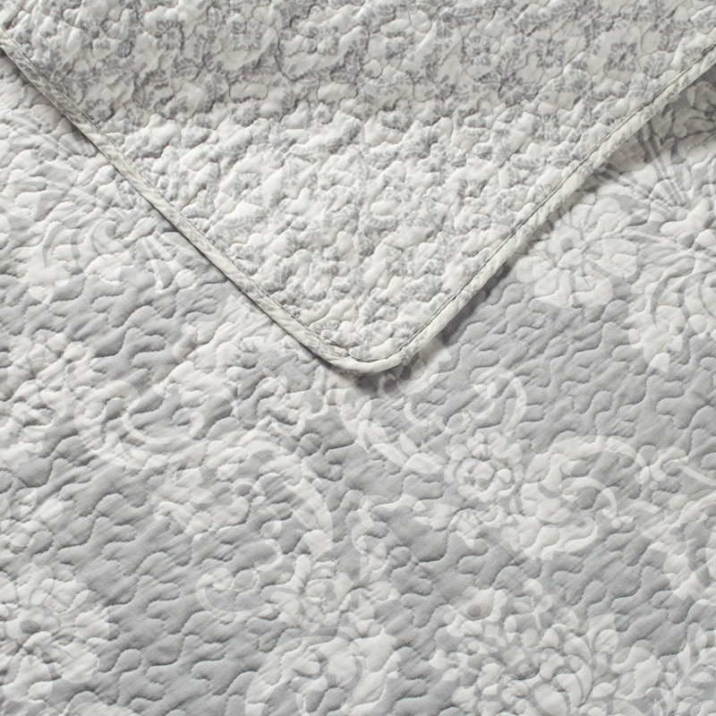 Gray Twin Cotton Reversible Quilt Set with Floral Pattern