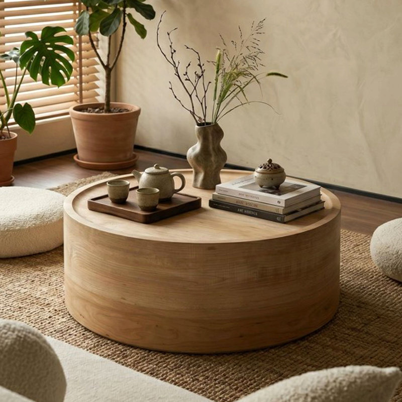 Table basse ronde de 31,5 po avec grain de bois naturel pour le salon, table basse à tambour rond pour le salon, sans assemblage