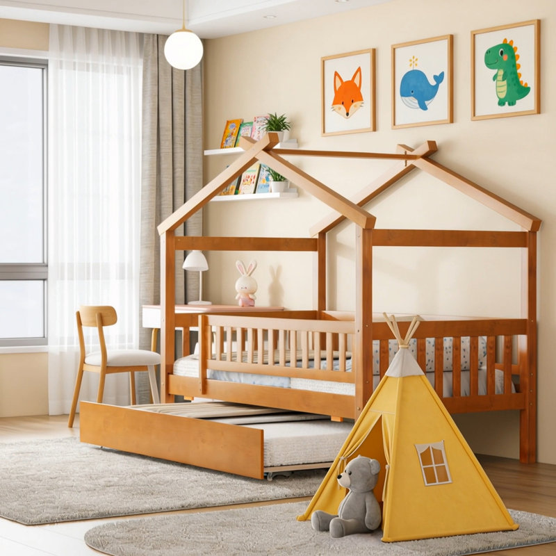 Twin Size Wooden House Bed With Trundle, Walnut, Twin
