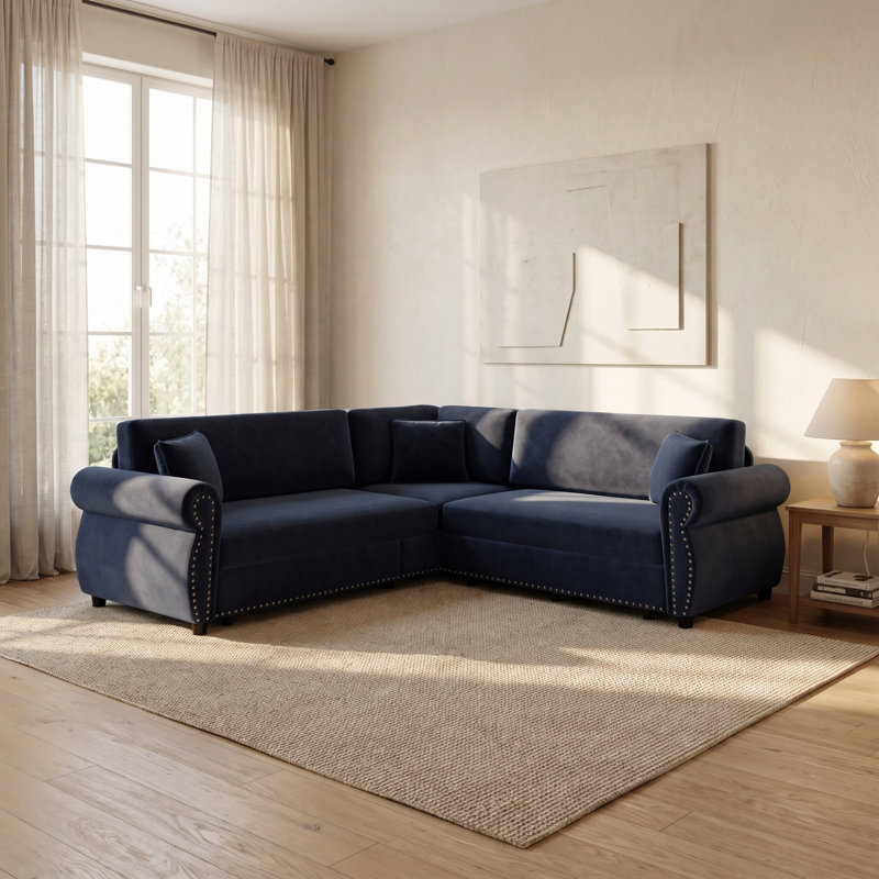 Canapé-lit en forme de L 88,22 "avec canapé-lit en canapé-lit convertible surdimensionné en chenille avec garniture cloutée et accoudoirs roulés