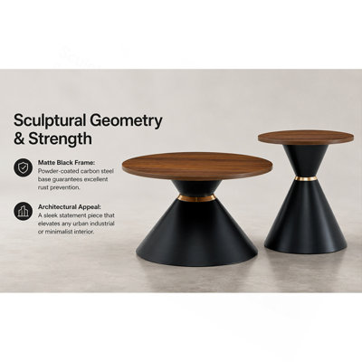 2-piece fashionable round coffee table set, walnut textured countertop with stable metal base, easy to clean side table in living room and bedroom (walnut+black)