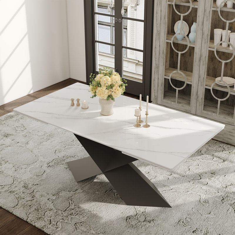 63''-94'' Expandable Dining Table for 4-8, White Sintered Stone Kitchen Table with Black Stainless Steel Base