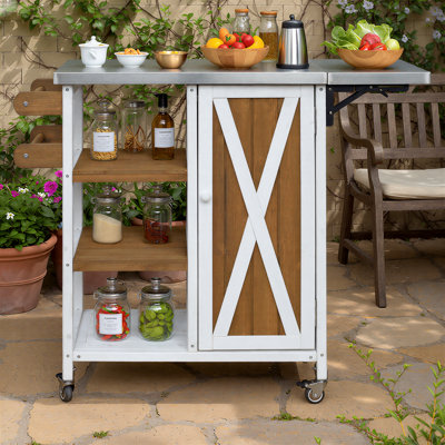 Foldable Outdoor Kitchen Island Cart with Lockable Wheels, Storage Cabinet & Towel Rack