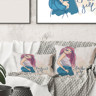 Square, Trendy Fashion Girl I - Coussin décoratif à imprimé artistique pour enfants