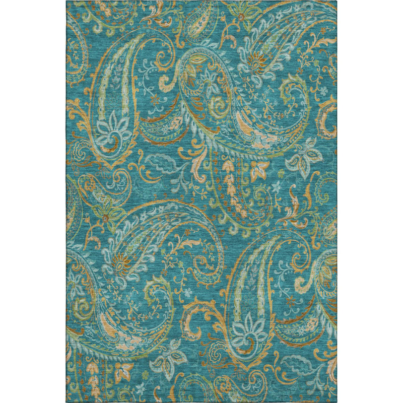 Tapis lavable en cachemire vert et or 3 pi x 5 pi avec protection UV