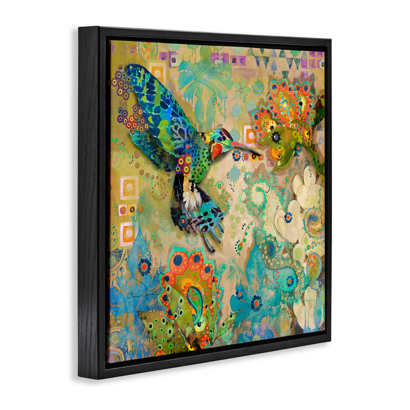 Motif bohème colibri, H 18 po x l 18 po, Cadre flottant noir de jais