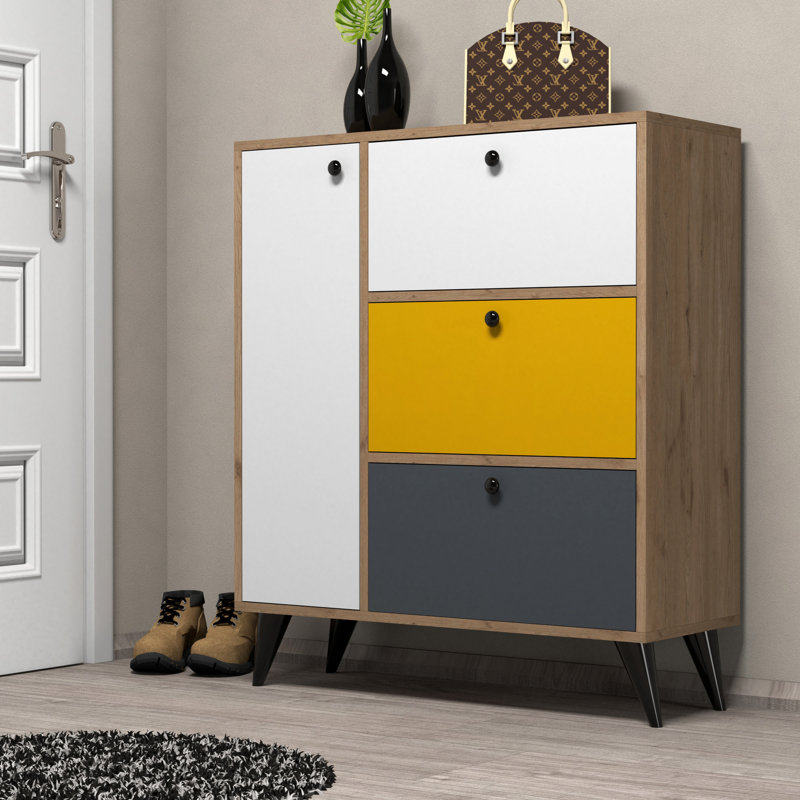 9 Pair Shoe Storage Cabinet, Oak/White/Yellow/Anthracite