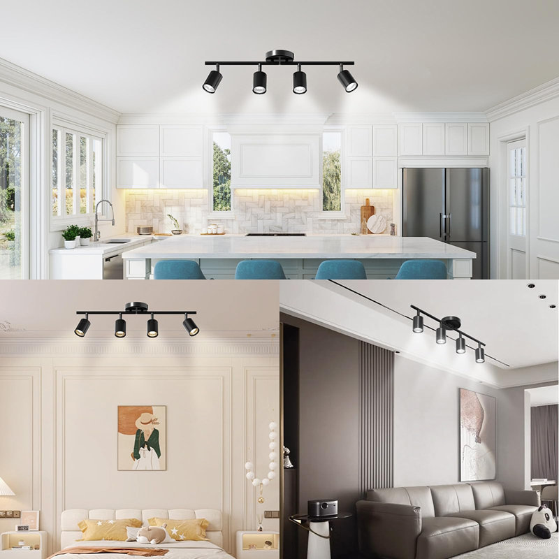 Ensemble d'éclairage sur rail 4 lumières noires 4 lumières, luminaire de plafond moderne avec têtes rotatives, comprend 4 ampoules GU10 pour la cuisine, le salon et la chambre à coucher