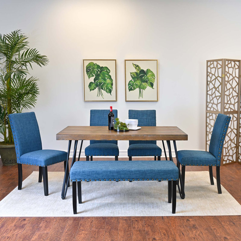 Ensemble de salle à manger 6 pièces, table de salle à manger en épingle à cheveux avec 4 chaises et banc de revêtement, Bleu