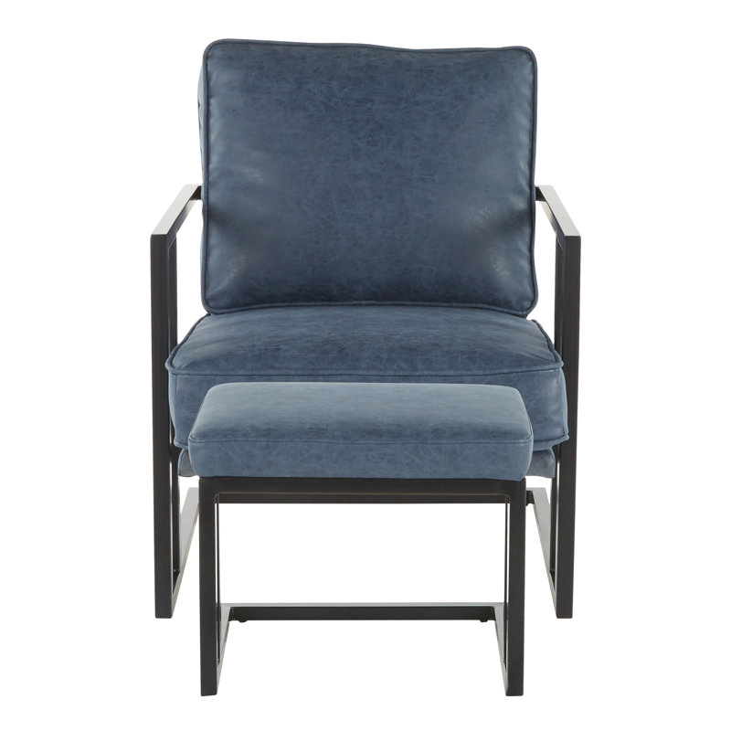 Montreal Faux Leather Accent Chair with Ottoman, Blue Faux Leather