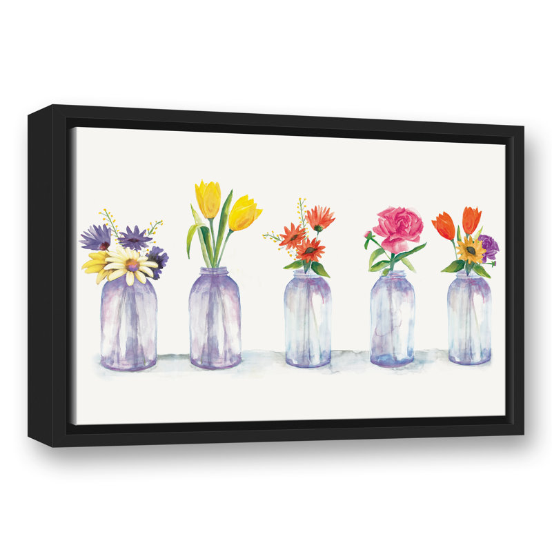 Fleurs peintes dans des pots en verre - Peinture sur toile, H 12 po x l 18 po, Cadre noir