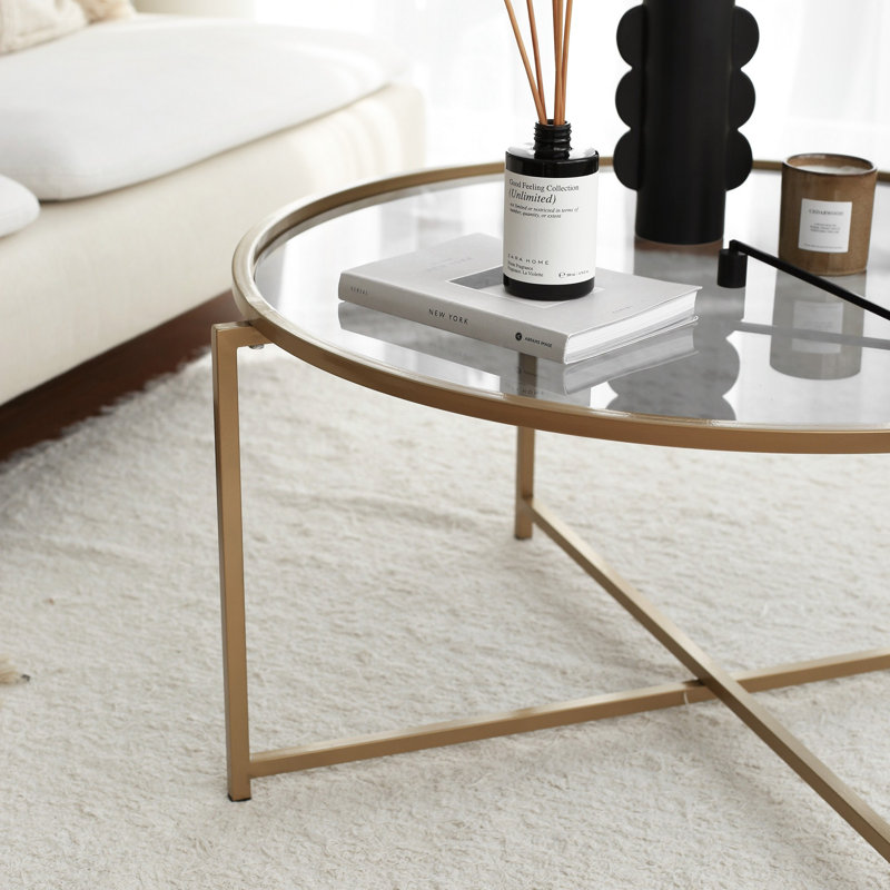 Modern Coffee Table with 100% Tempered Glass Top, 4 mm Thickness | 32.7 x 15.7 x 32.7 inches | Elegant Gold & Fume Finish, 100% Metal Frame | Perfect for Living Rooms, Glamorous Design & Durable Construction