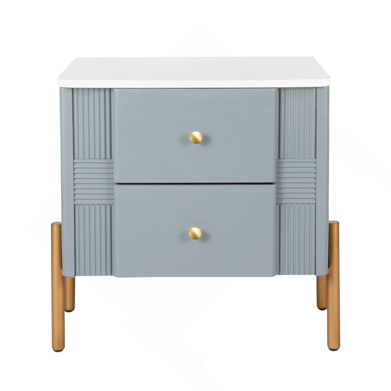 Danny Wooden Nightstand With 2 Storage Drawers & Metal Legs, Blue