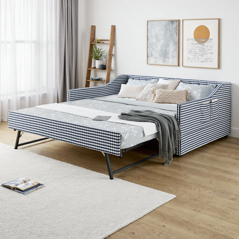 Lit de jour convertible rembourré 82 po pleine grandeur avec dossier capitonné, lit gigogne escamotable, poches de rangement latérales, canapé-lit 3 en 1 pour petits appartements, chambres d'amis, chambres à coucher