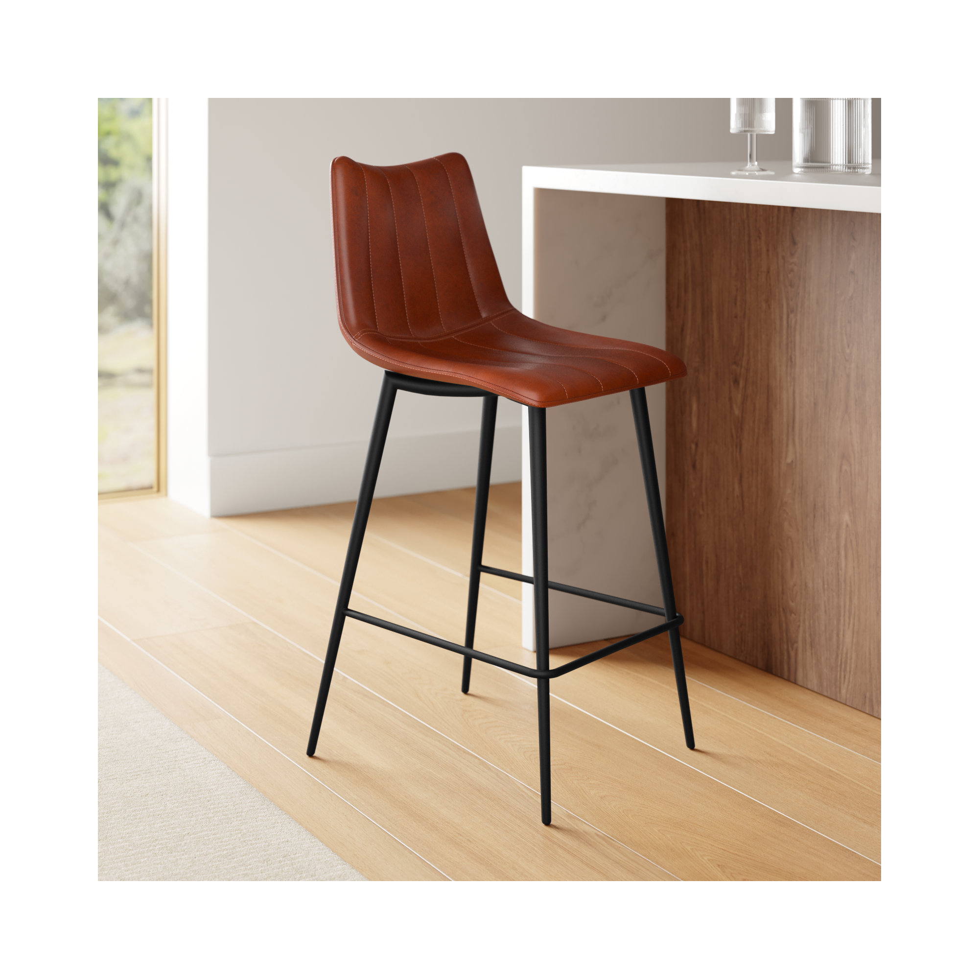 Finnigan Counter & Bar Stool, Light Brown/Faux Leather, Counter Stool (26" Seat Height)