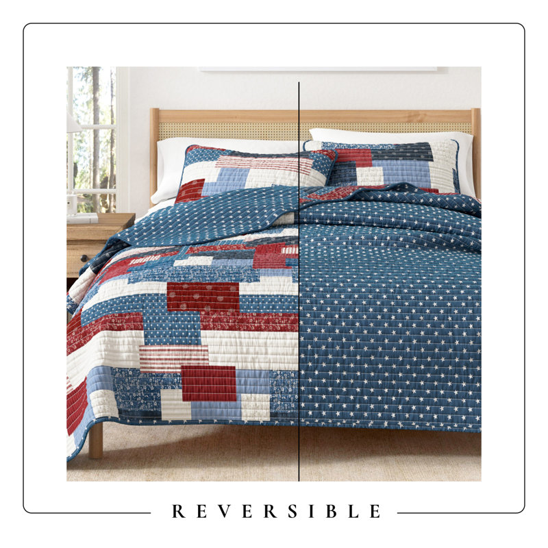 Red / White / Blue Patriotic Patchwork Reversible Quilt Set with Shams, Full/Queen Quilt + 2 Shams