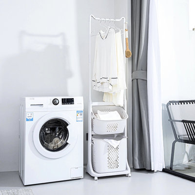 Blanchisserie à roulettes avec roues amovibles, barre de suspension pour panier à 2 niveaux, rangement efficace pour le dortoir, le placard et la salle de bain dans les petits espaces partagés, roues en plastique blanches retirées, empilables