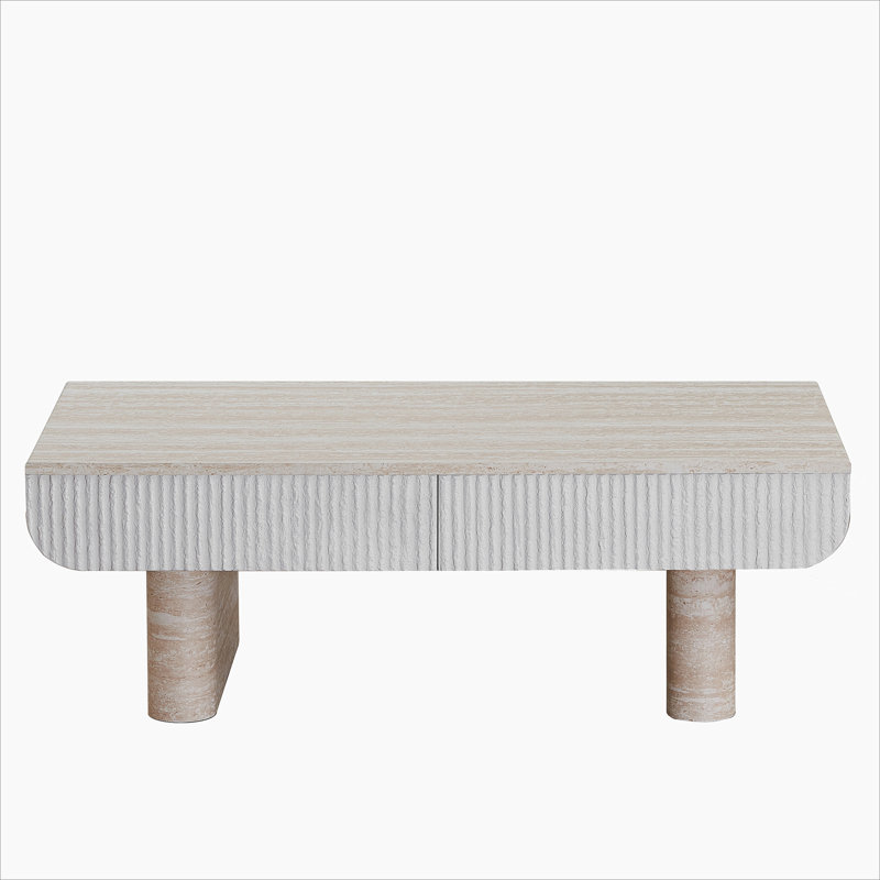 Coffee Table with Faux Marble Tabletop, Mid Century Modern Coffee Table with Fluted Drawer, Coffee Table for Living Room, Office