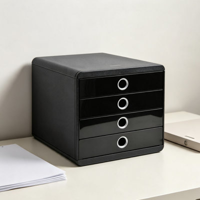 Black Glossy Pop-Box for Storing A4+ Documents, 4 Closed Drawers, Smooth Drawer Action - /Silver