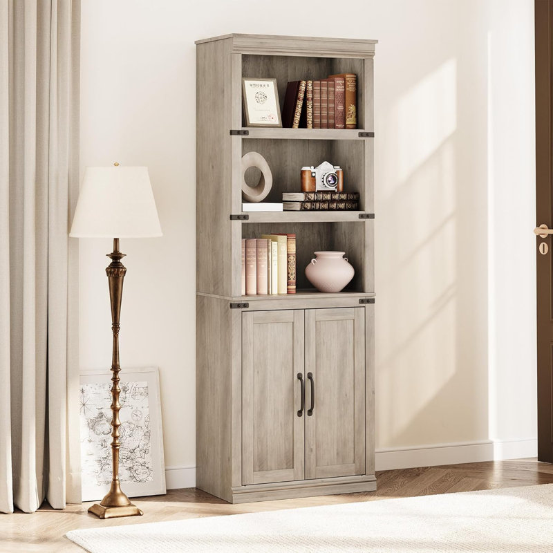 Teon 5 Tier Bookcase with Cabinet, Farmhouse BookShelf with Storage Doors, 68.7" Tall Wooden 5 Shelf Book Case for Home Office, Living Room