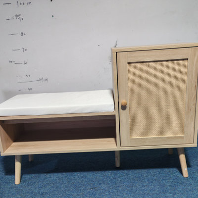 2-In-1 Shoe Storage Bench, Natural Rattan Shoe Cabinet With 2 Adjustable Shelves And Removable Seat Cushion, Modern Entryway Bench, Shoe Storage Organ