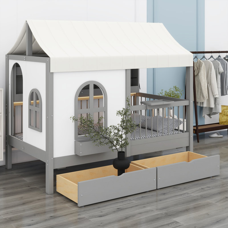 Structure de lit House avec tiroirs sous le lit et tablettes latérales avec bande DEL