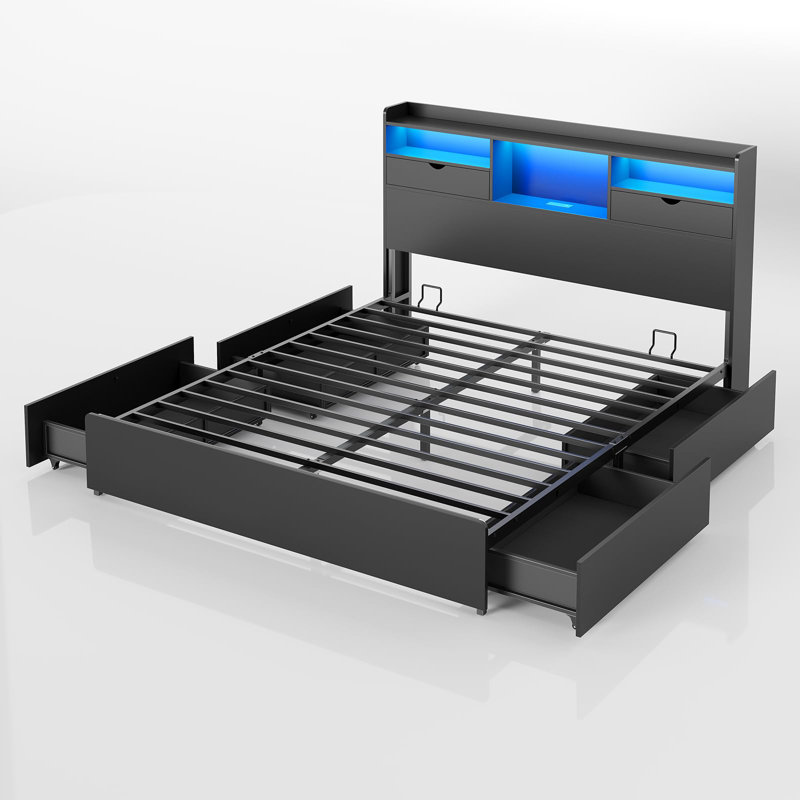 Queen Size Bed Frame With Bookshelf Headboard And Storage, 4 Large Drawers, Platform Bed Frame With Led Lights, Charging Station, Sturdy Metal Slats, No Box Spring Required, No Noise