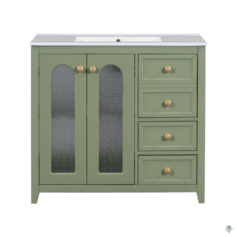 Meuble-lavabo de 36 pouces avec deux portes à fermeture douce, des tablettes réglables et trois tiroirs, Vert
