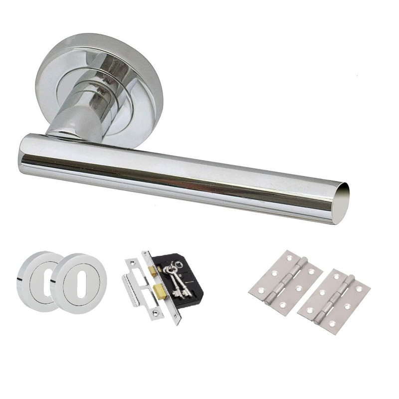 Golden Grace T-Bar Bathroom Toilet Loo Door Handles Set on Rose in Polished Chrome Finish with Hinges