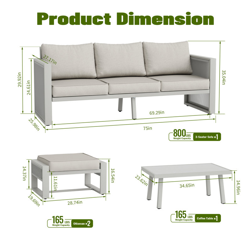  Ensemble de conversation pour patio 5 personnes avec coussins, avec cordon décoratif, Coussin beige / structure grise