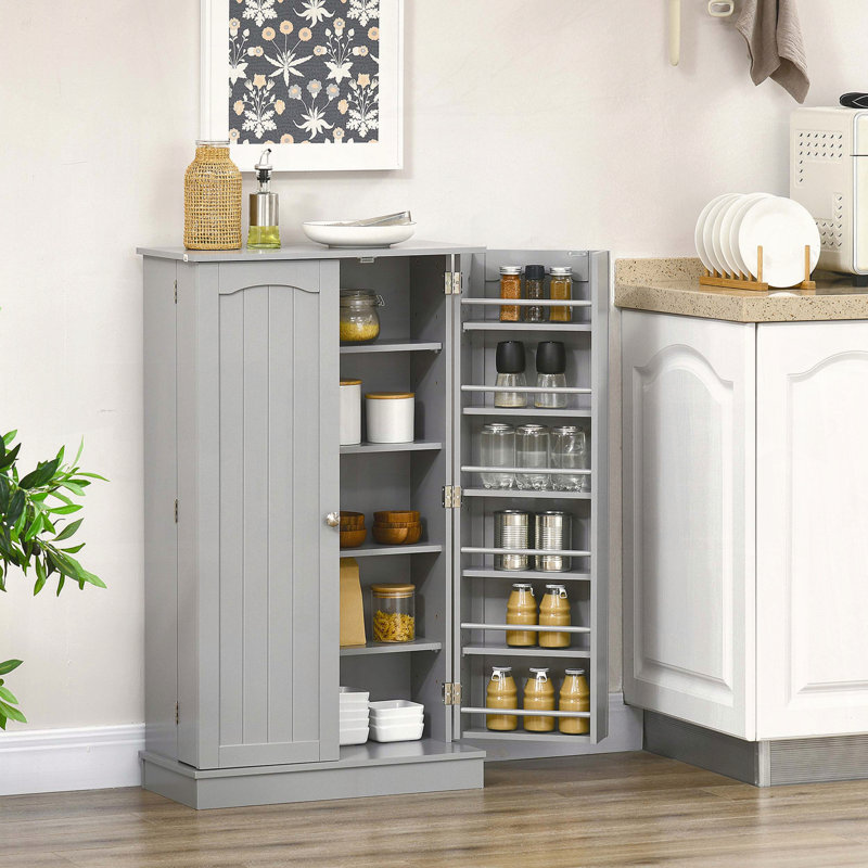 Armoire de rangement pour garde-manger de 41 po, armoire de cuisine autoportante avec 12 tablettes de porte, portes doubles, étagères à 5 niveaux et tablettes réglables, gris papier