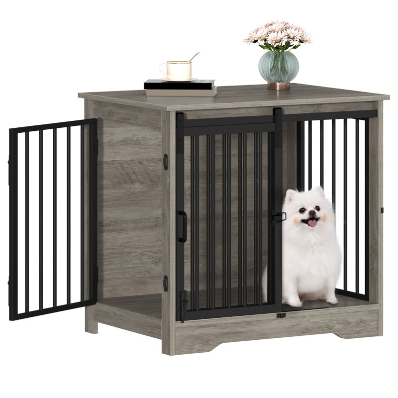 Dog Crate Furniture, 69 cm Double Door Wooden Dog Crate with Barn Door, Indoor Kennel, End Side Table Wooden Animal Crates for Small Dogs, Anti-Chew Anti-Escape