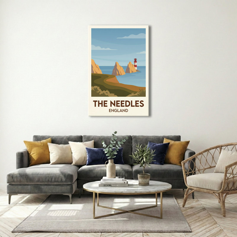 The Needles, England - Romantic Coastal Travel Poster of Isle of Wight Chalk Stacks and Lighthouse. Giclee Print on Wrapped Canvas. Wall Art, Home Decor - Natural Landmarks, England 1 Piece Wrapped Canvas Wall Art